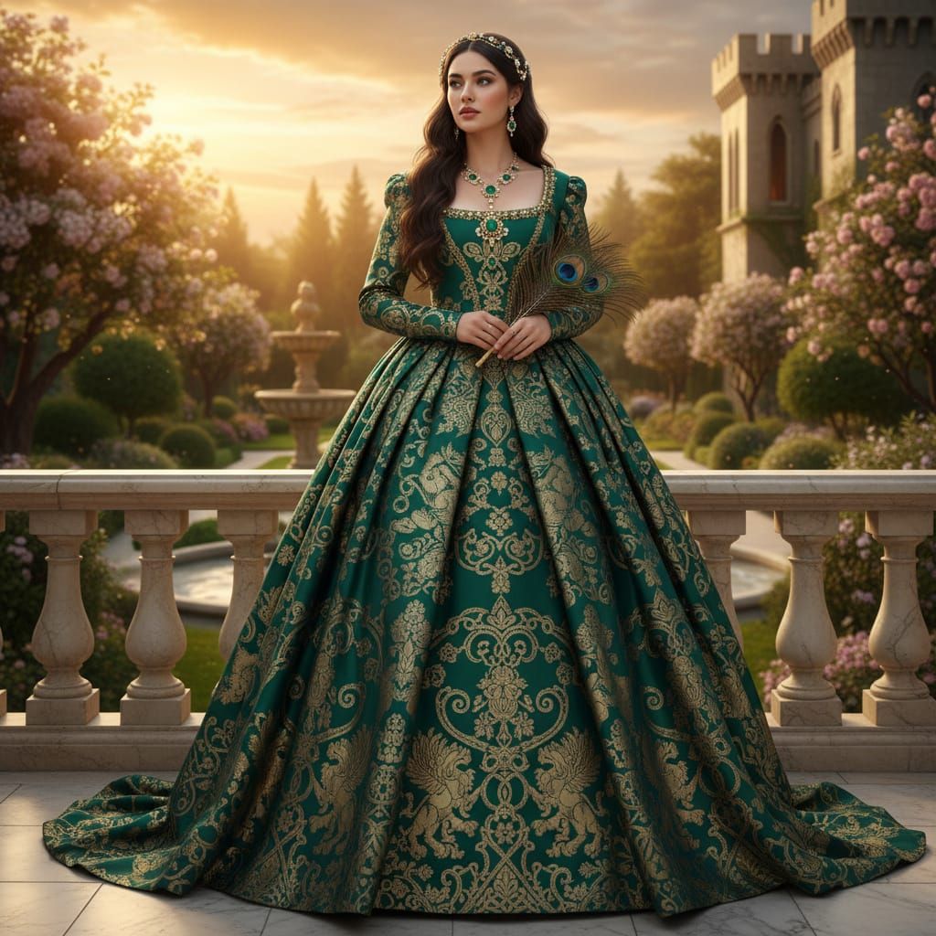 Elegant Woman in Ornate Brocade Dress
