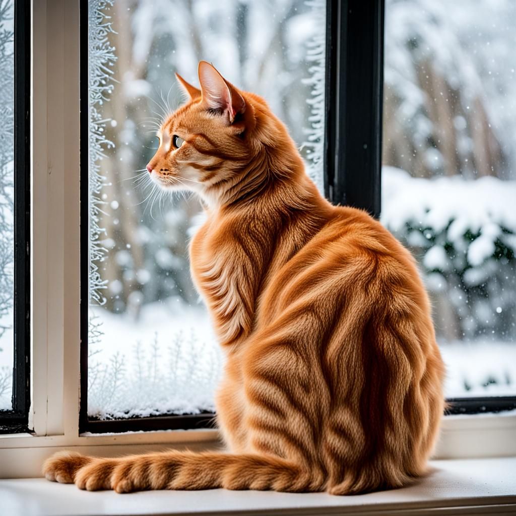 Orange Tabby Cat Gazing at Winter Snow