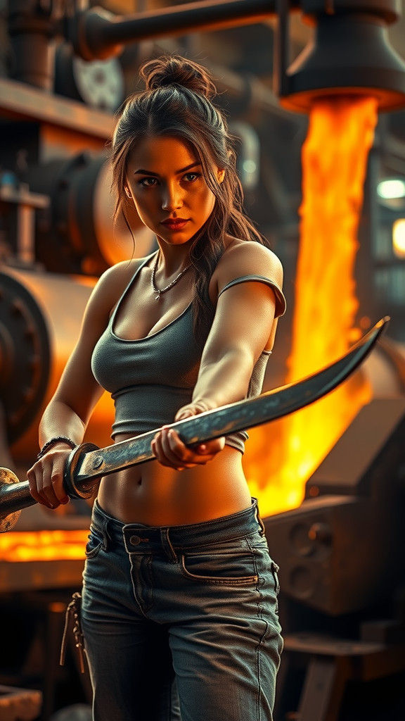 Factory Woman Forging Sword in Hyperrealistic Style