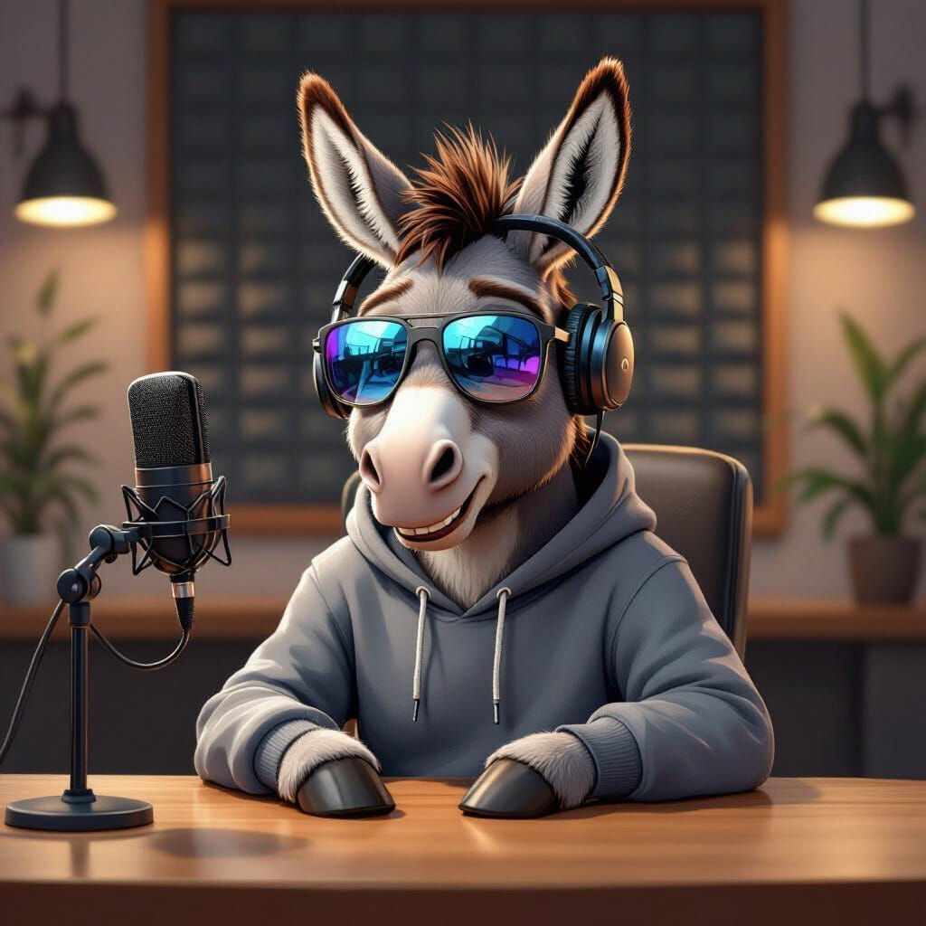 Cartoon Donkey Podcast Host in Cozy Studio