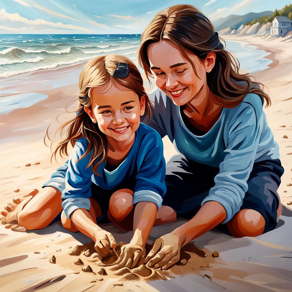Mother and Daughter's Joyful Beach Day Painting