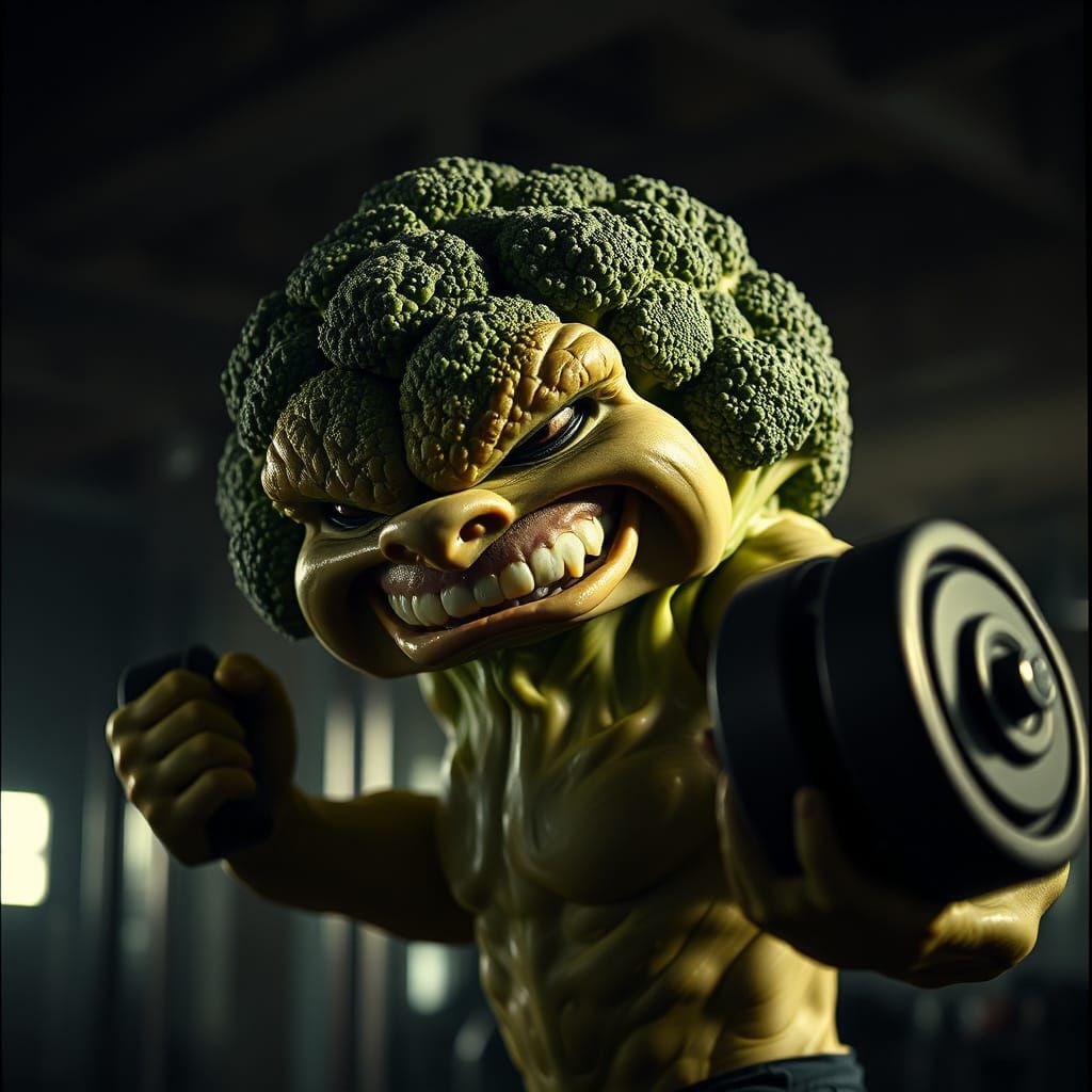 Cyberpunk Broccoli Bodybuilder in Cinematic Lighting