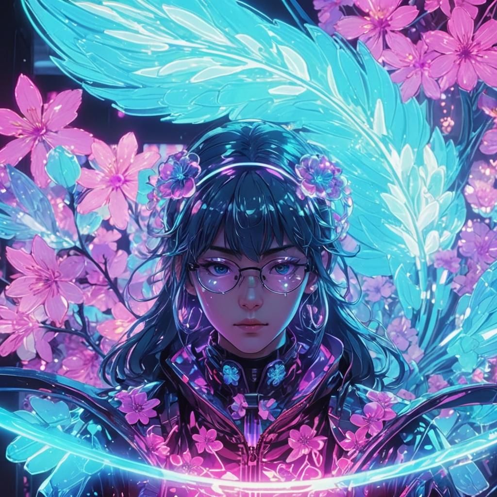 Neon Anime Portrait: Mysterious Character with Glasses