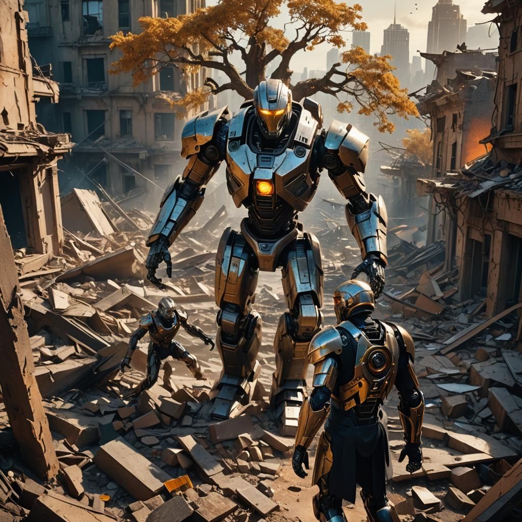 Robotic Figure and Human Warrior Clash in Cityscape