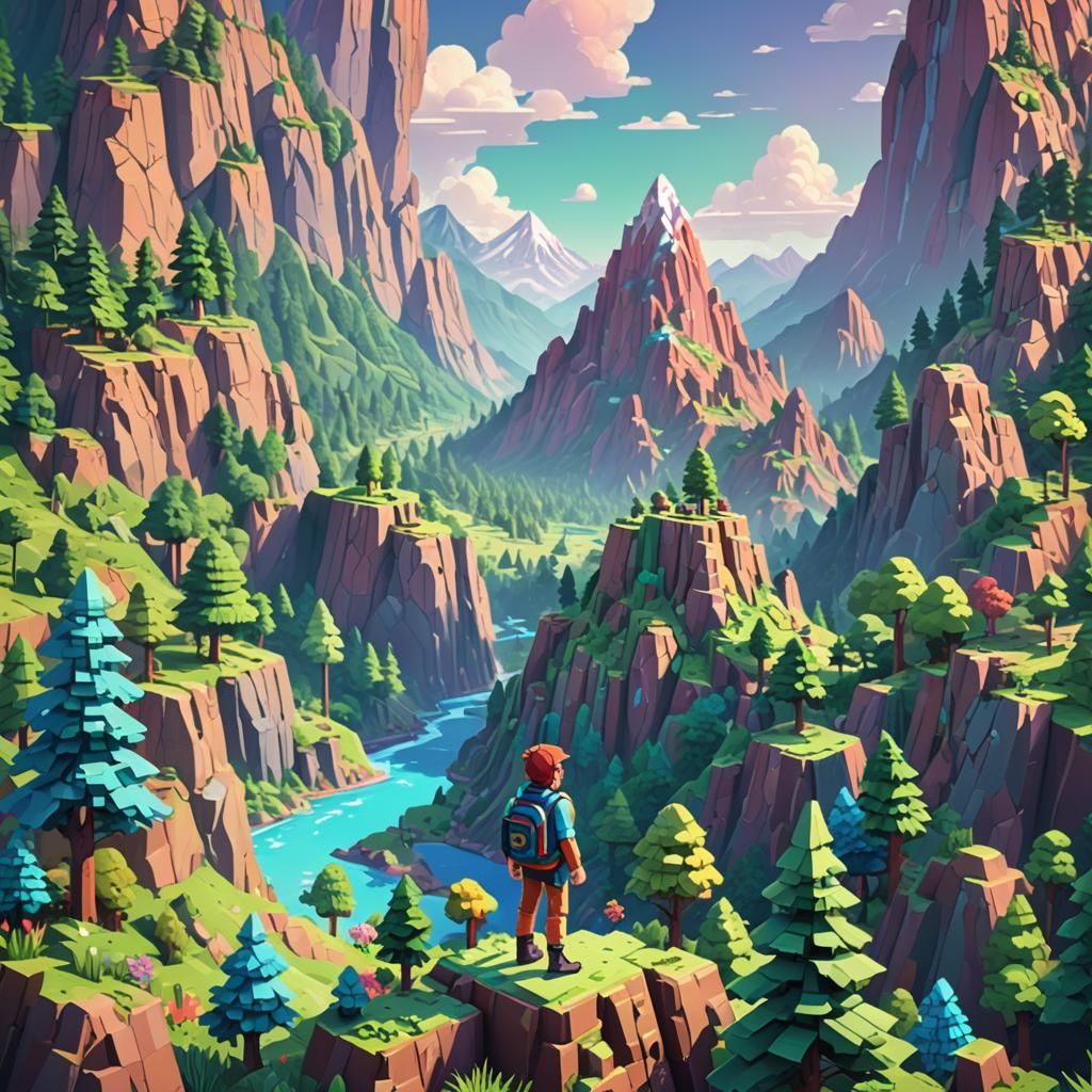 Pixel Art Character in Vibrant Fantasy Landscape