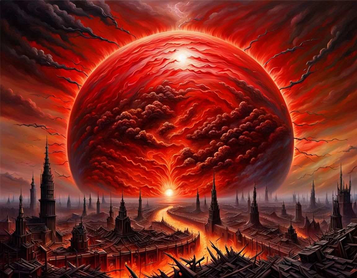Apocalyptic Red Sun Over Destroyed Earth: Oil Painting