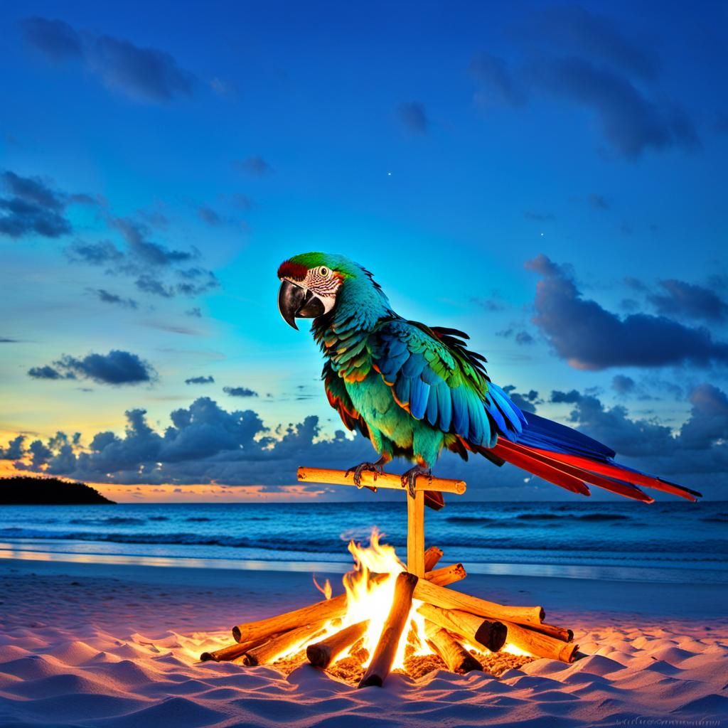 Macaws at Beach Bonfire: Detailed Matte Painting