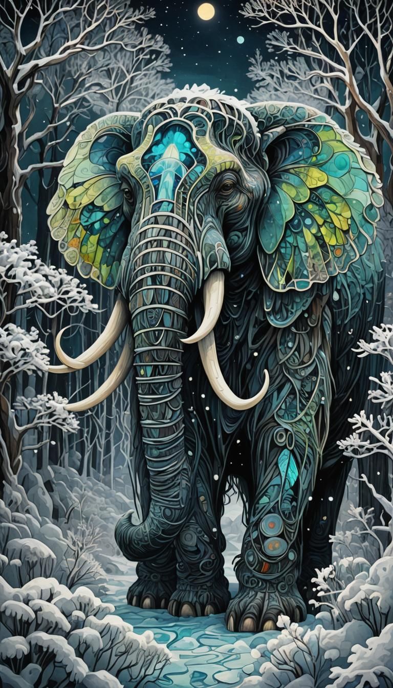 Fragmented Mammoth in Noctilucent Ice Forest