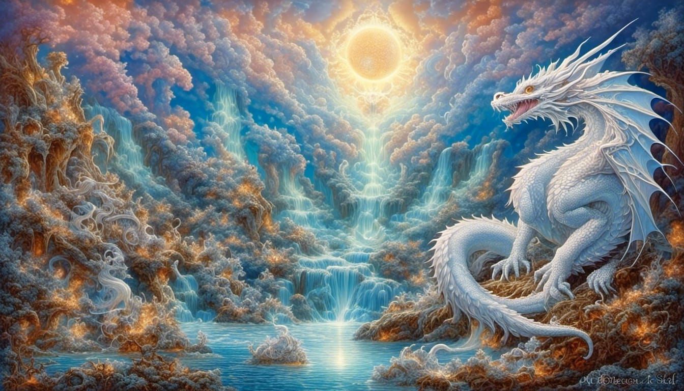 Abstract Dragon Soaring Above Waterfall in Psychedelic Fract...