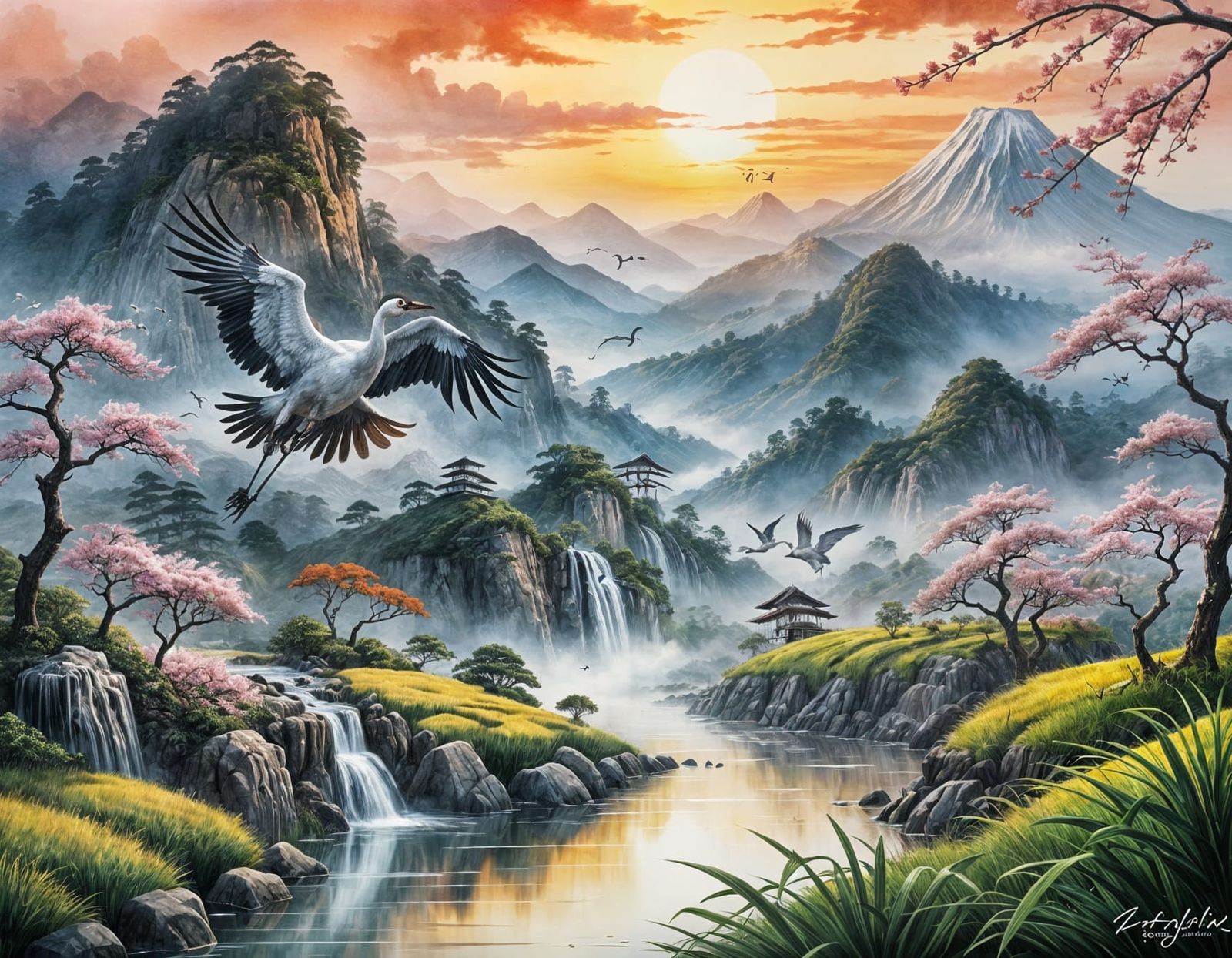 Surreal Crane Bird Soaring Over Japanese Landscape