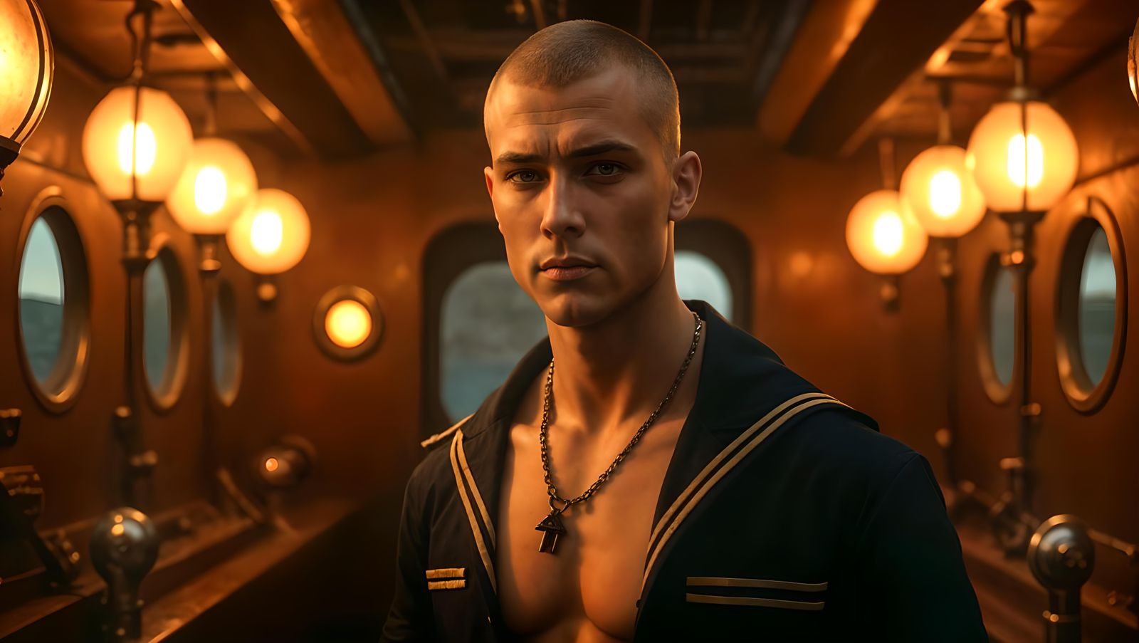 Steampunk WWI Sailor on Submarine Bridge