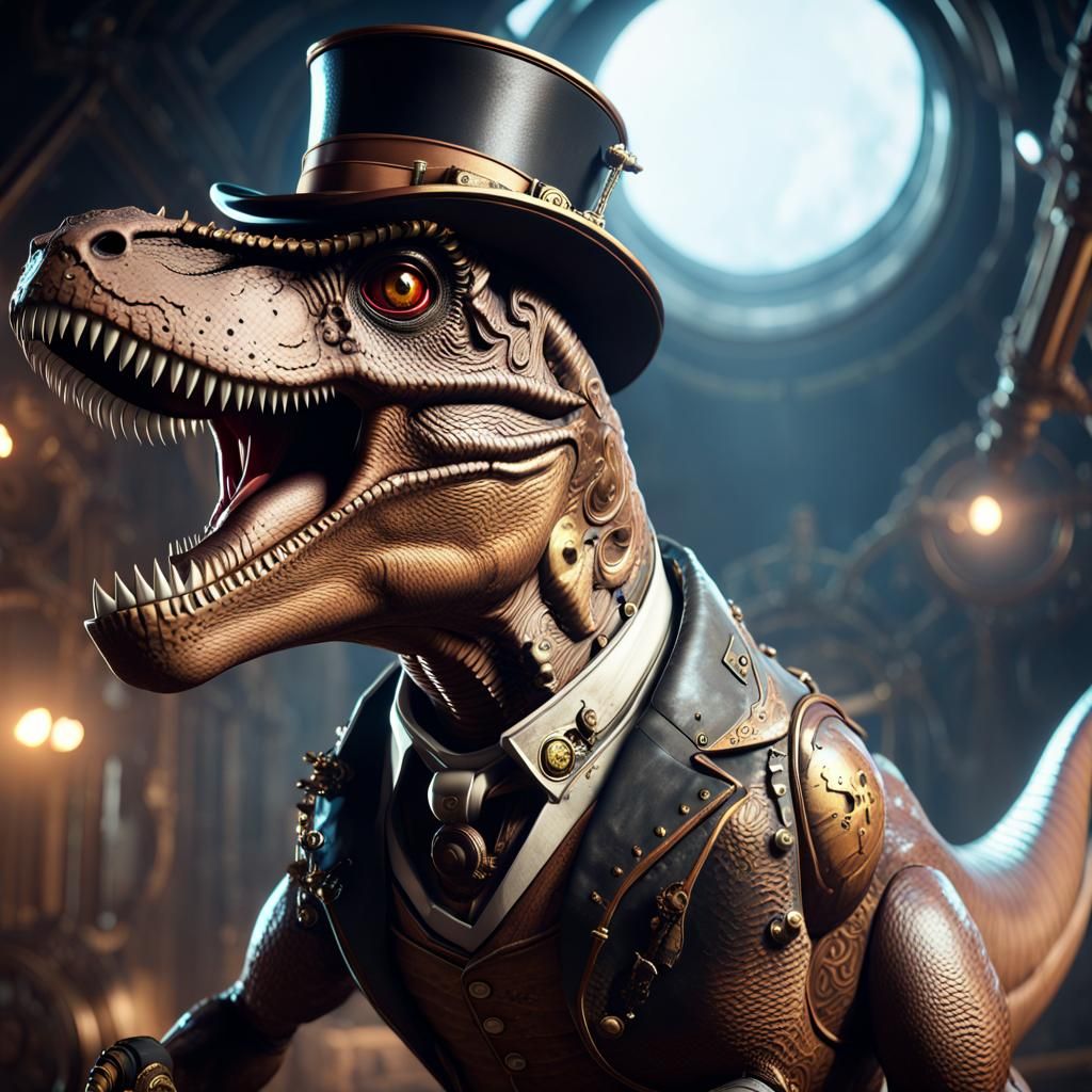 Steampunk T-Rex in Space: 3D Cinematic Render