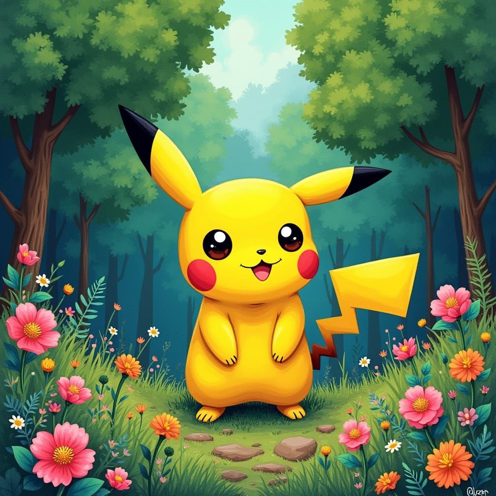 Surreal Pikachu Emerges from Whimsical Forest
