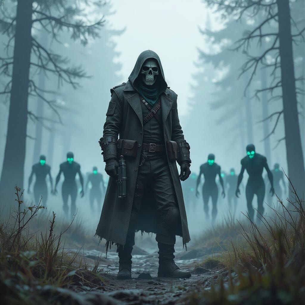 Wasteland Ranger in Ghostly Forest, Matte Painting Style