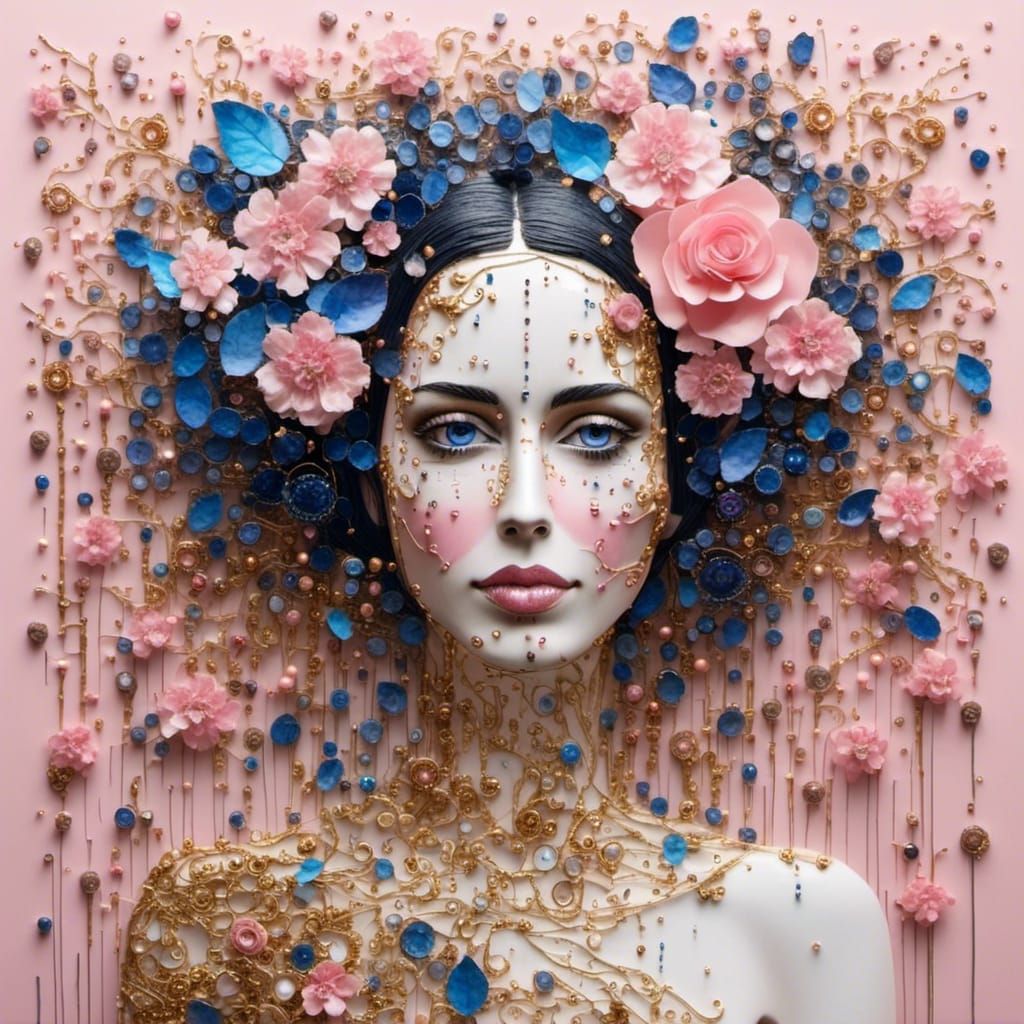 Watercolor Portrait with Gold Vines and Pink Flowers