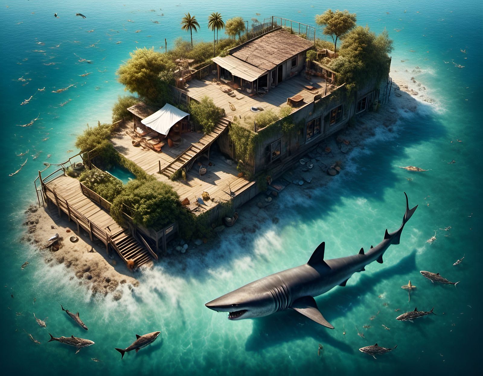 Giant Cat Overlooking Sharks, Surreal Overhead View