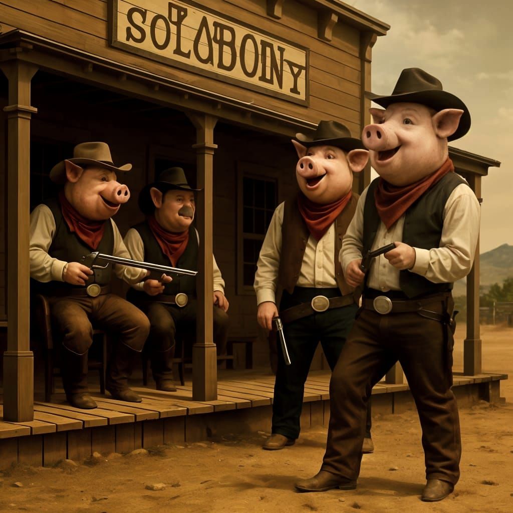 Pig Cowboys in a Historical Western Saloon