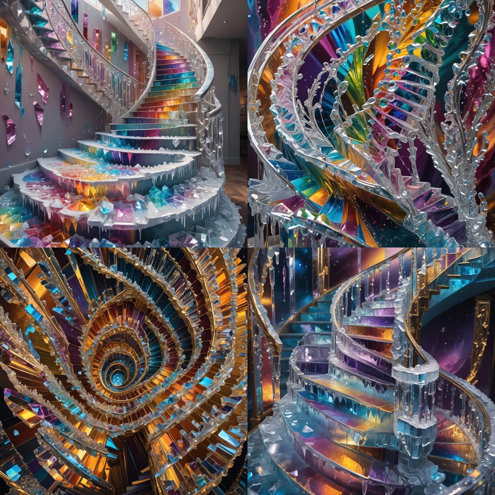 Rainbow Ice Spiral Staircase: Hyperrealistic Concept Art