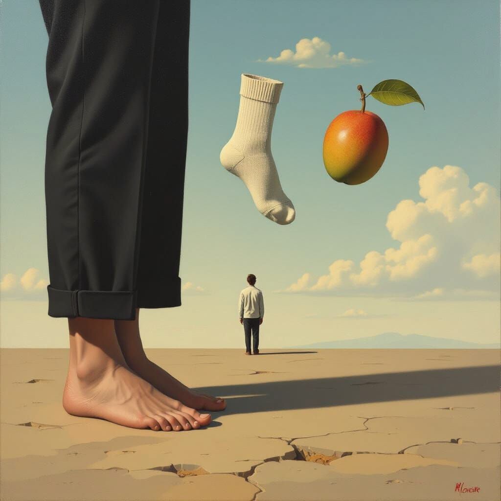 Surreal Oil Painting of a Solitary Figure with Floating Obje...