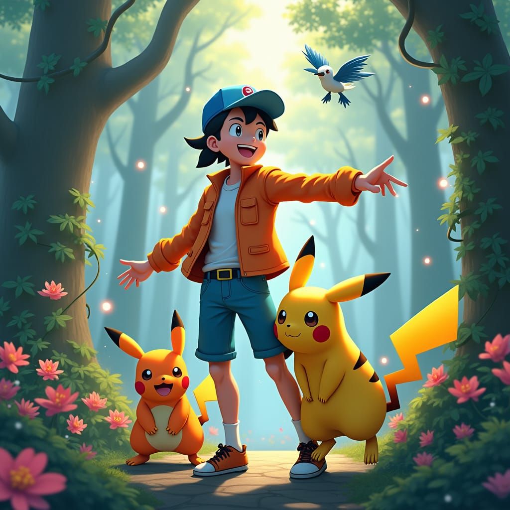 Pokémon Trainer and Pikachu in Vibrant Forest