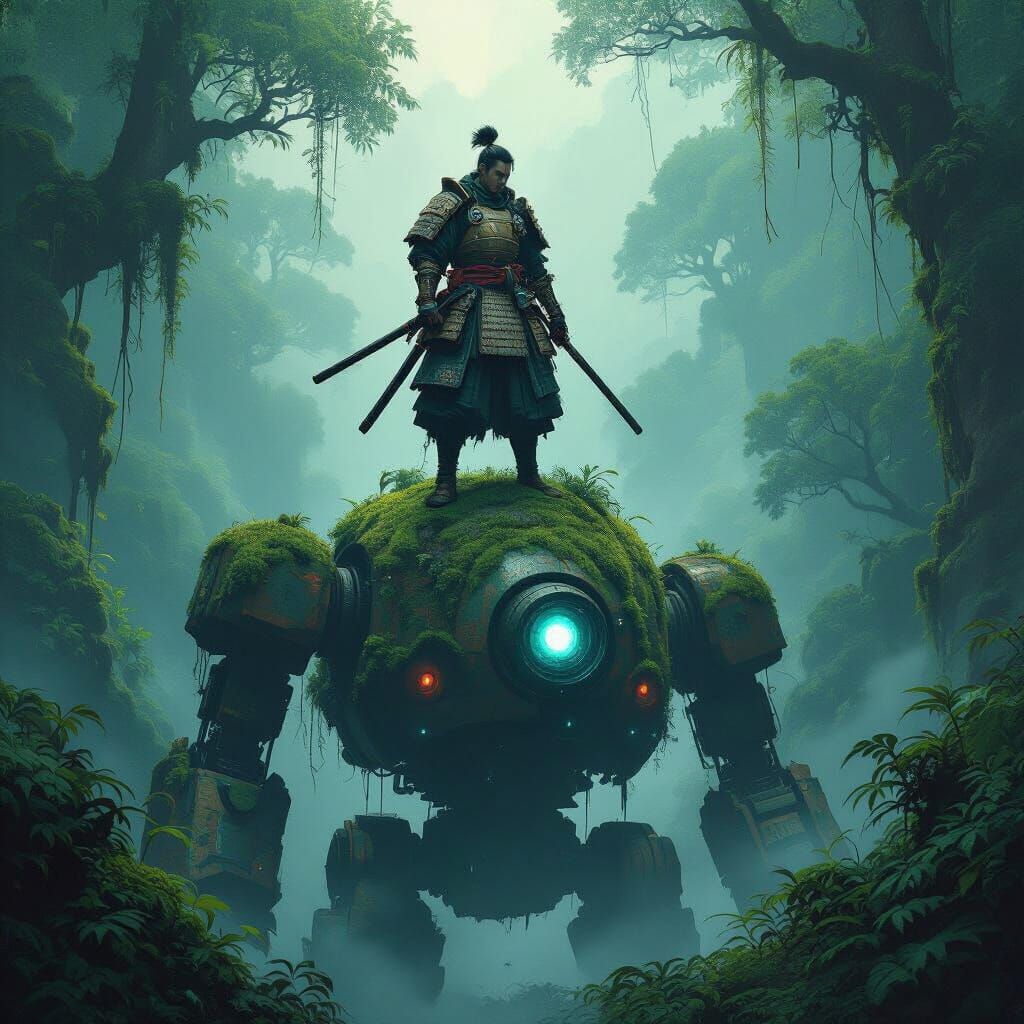 Samurai on Automaton in Alien Jungle, Ukiyo-e Style