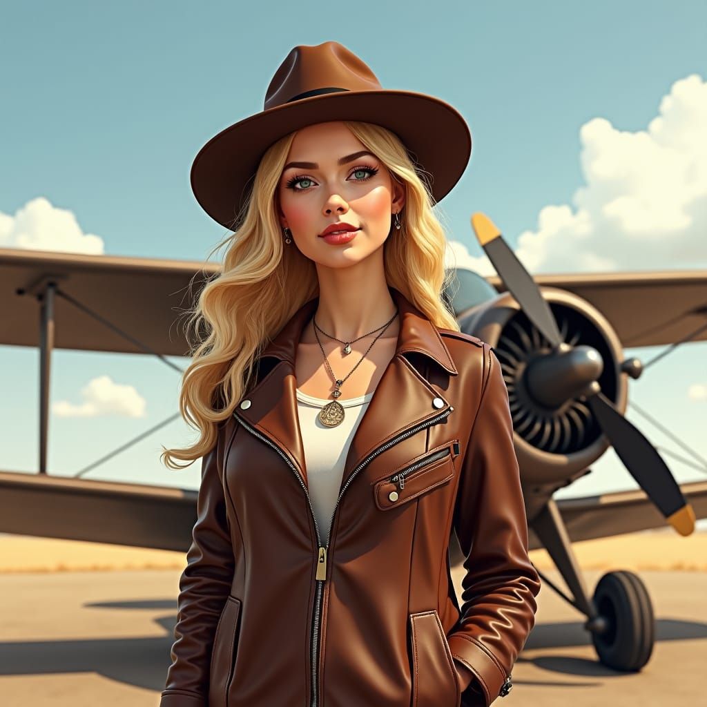 Blond Priestess Pilot in Front of Biplane