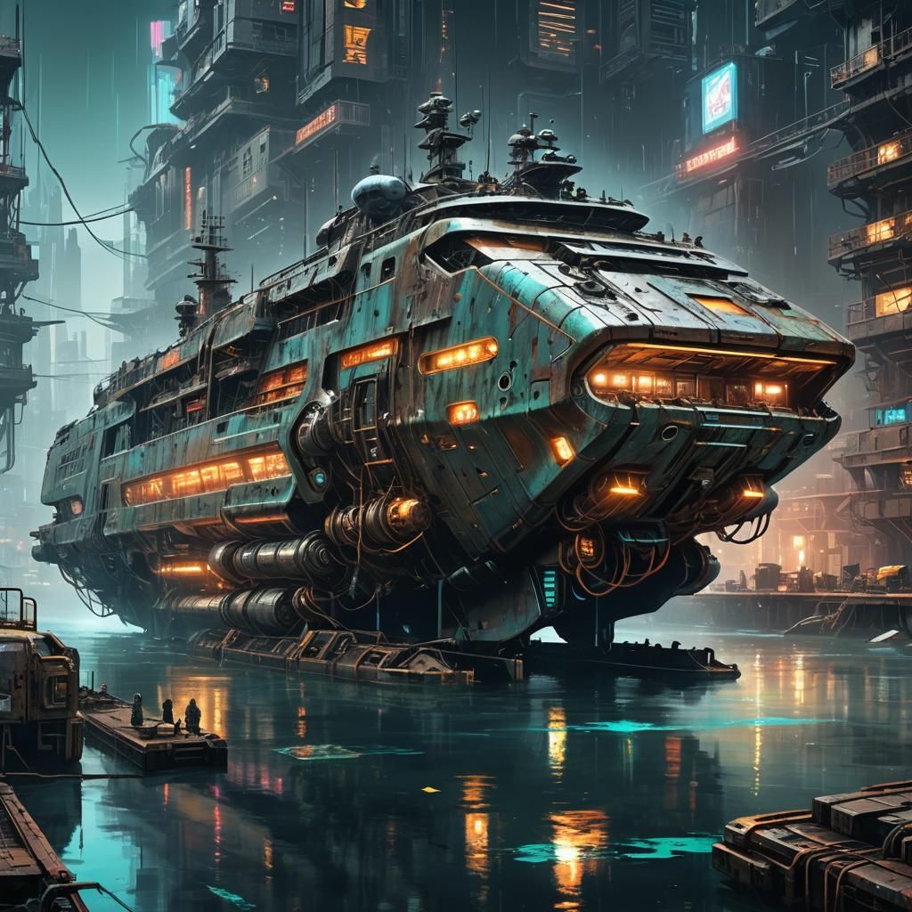 Cyberpunk Seafaring Vessel in Dock