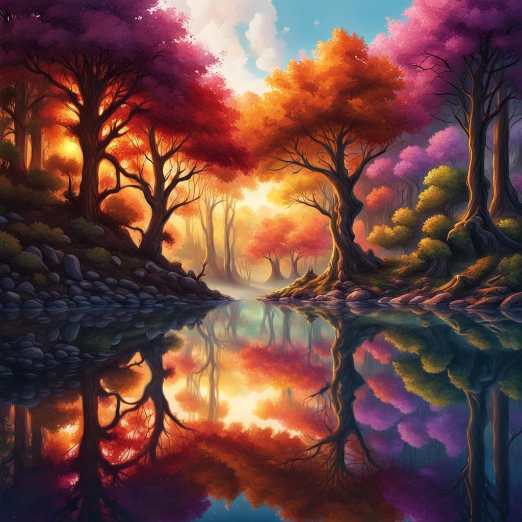 Glowing Forest Reflected: Detailed Matte Painting