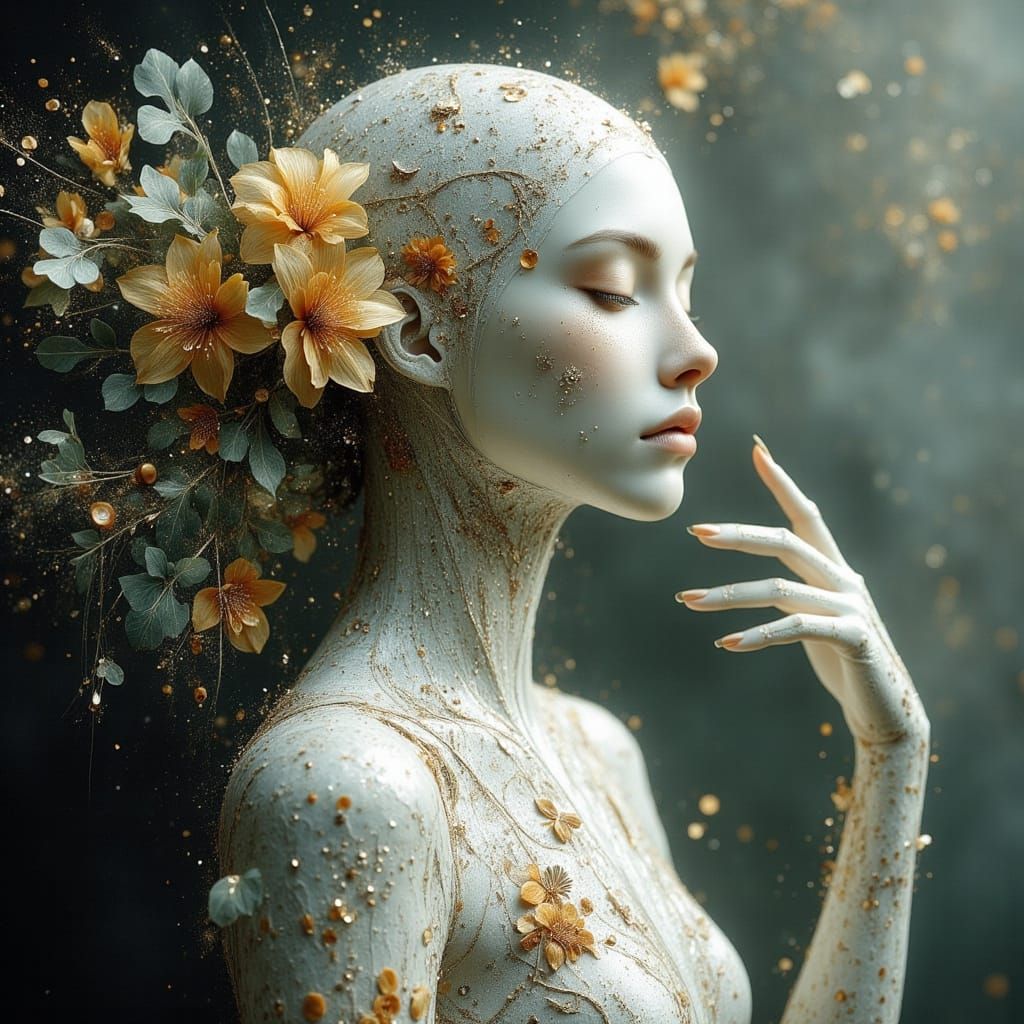 Cyborg Angel with Florals and Etchings in Anime Style