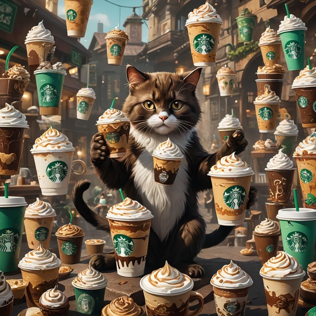 Cat Capuchins with Starbucks Cup: Fantasy Concept Art