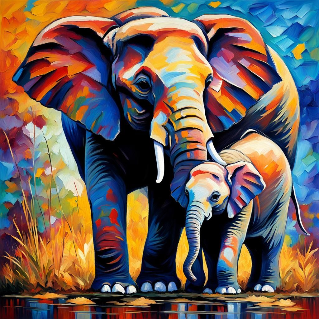 Elephant Cuddle: Neo-Impressionist Expressionist Oil Paintin...