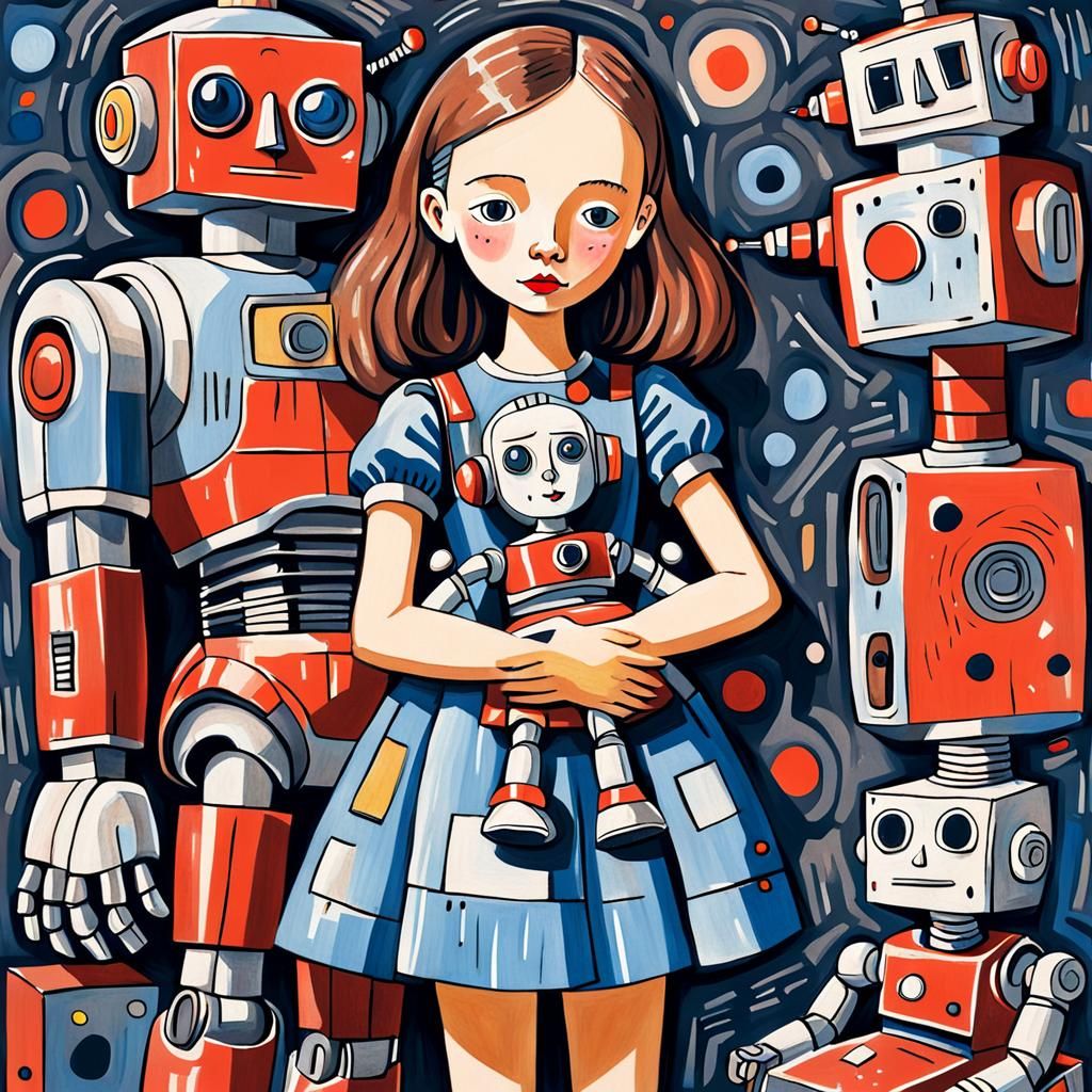Girl with Robot Doll in Gouache Dubuffet Style