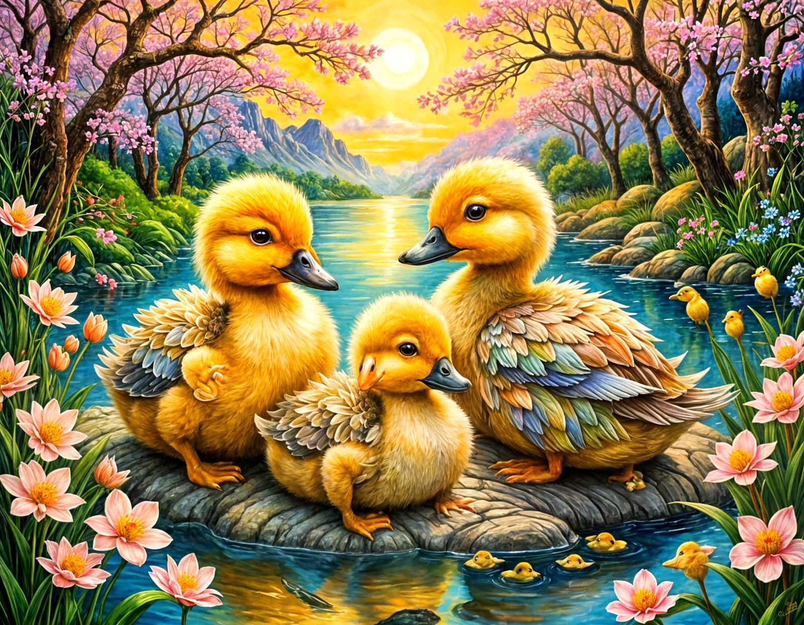 Warm Chinese Brush Stroke Painting of Baby Duck Couple in Lu...