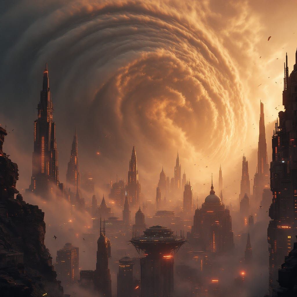 Futuristic City Overwhelmed by Colossal Wind