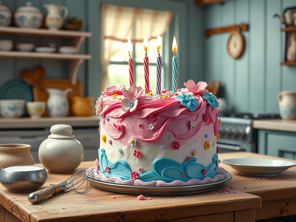Whimsical Birthday Cake in a Warmly Lit Kitchen
