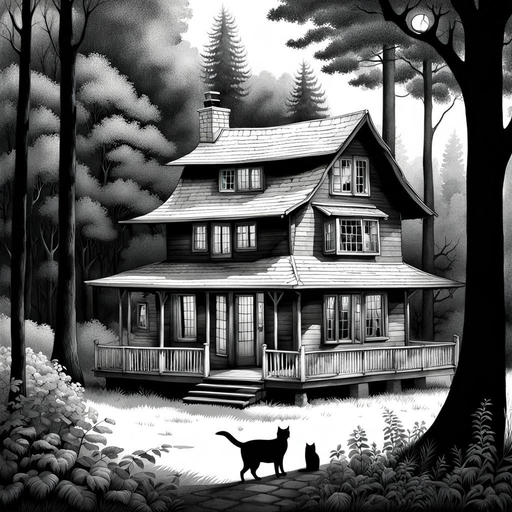 Desaturated Cottage with Neon Window, Watercolor Illustratio...