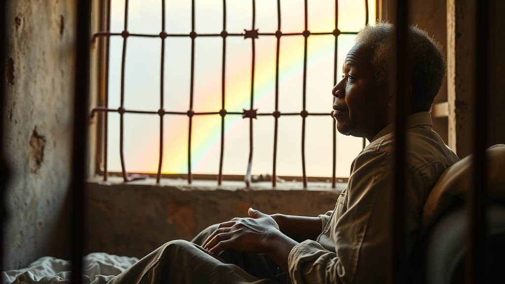 Nelson Mandela in Contemplation, Surrounded by a Rainbow