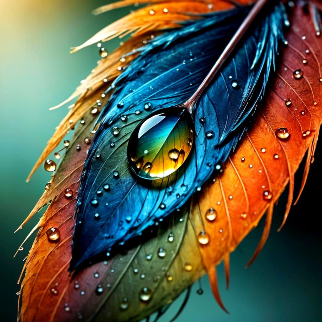Glistening Dewdrop on a Colorful Feather: Macro Shot