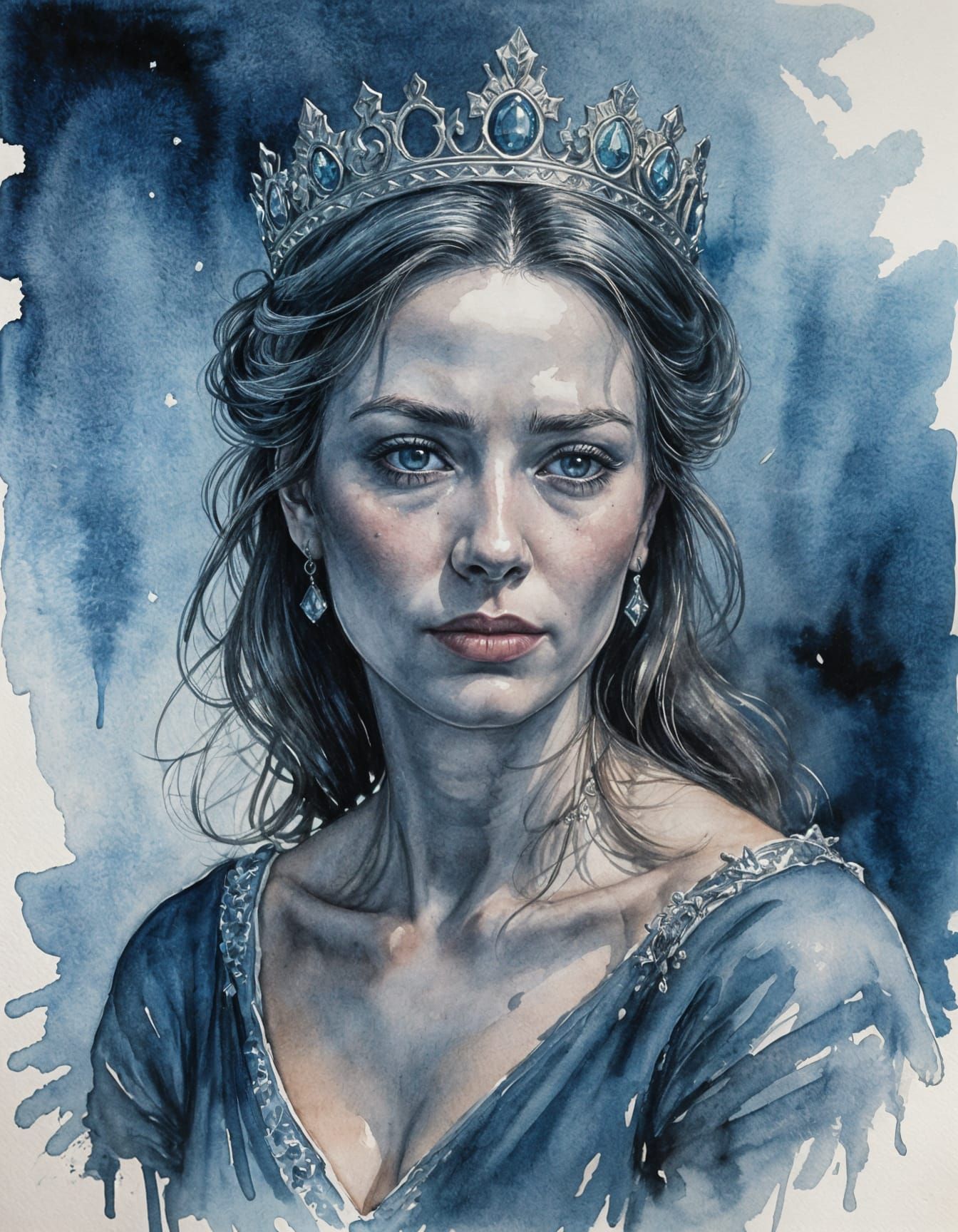 Queen's Portrait in Watercolour Ink Wash Style