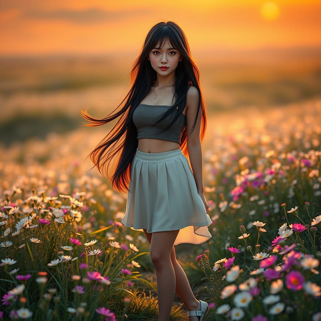 Japanese Woman in Wildflower Field at Dawn