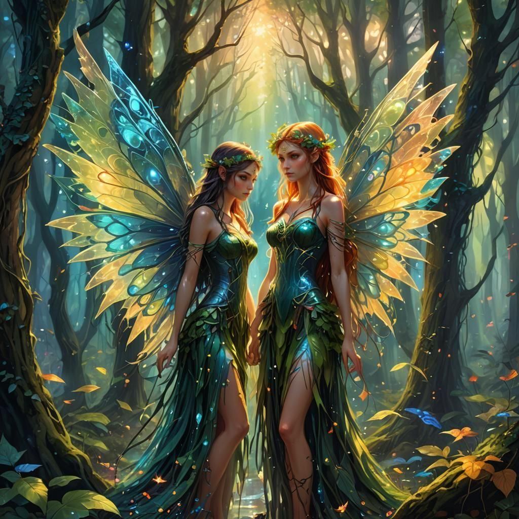 Forest Elves with Wings in Enchanted Forest