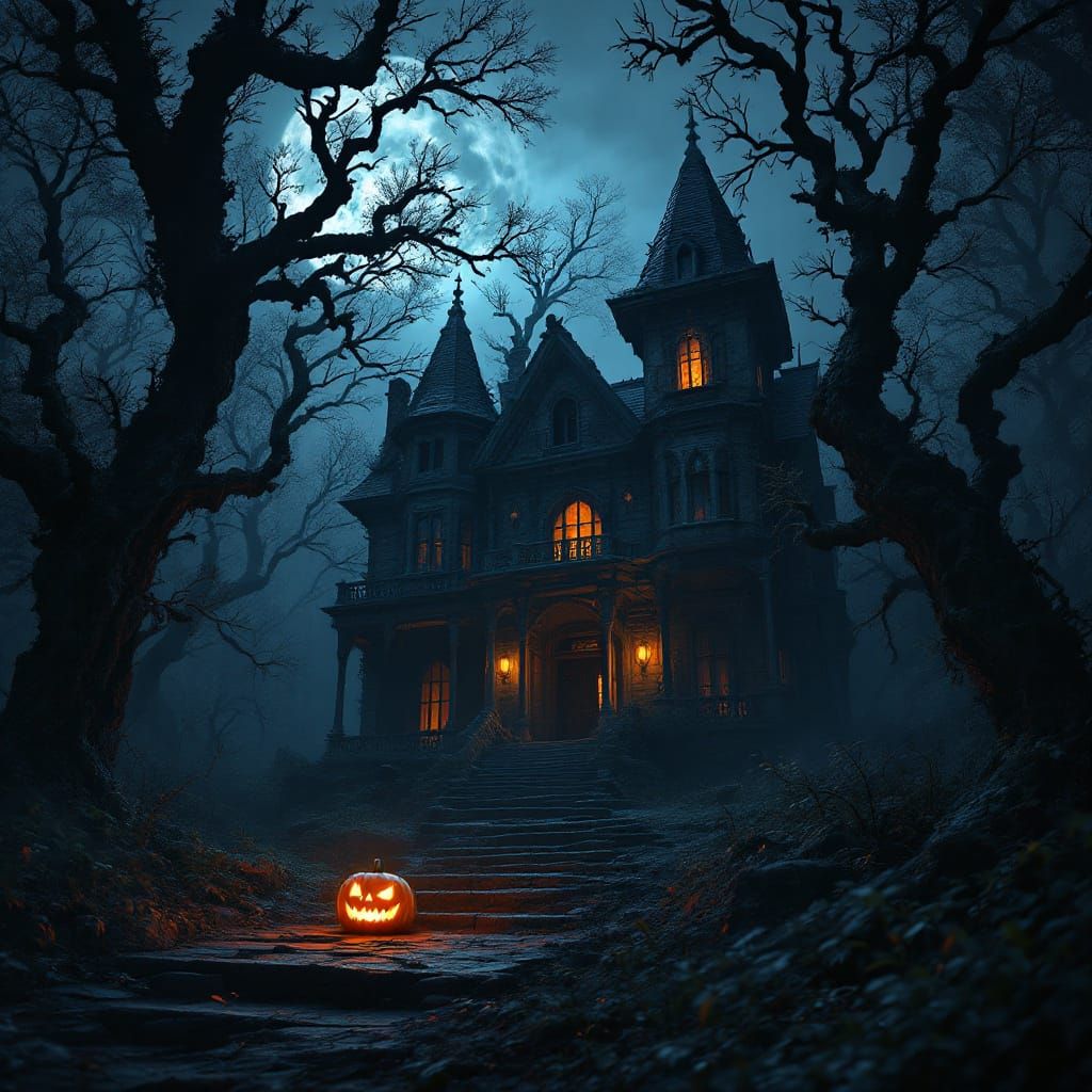 Eerie Mansion in Moonlit Forest with Jack-o'-Lantern