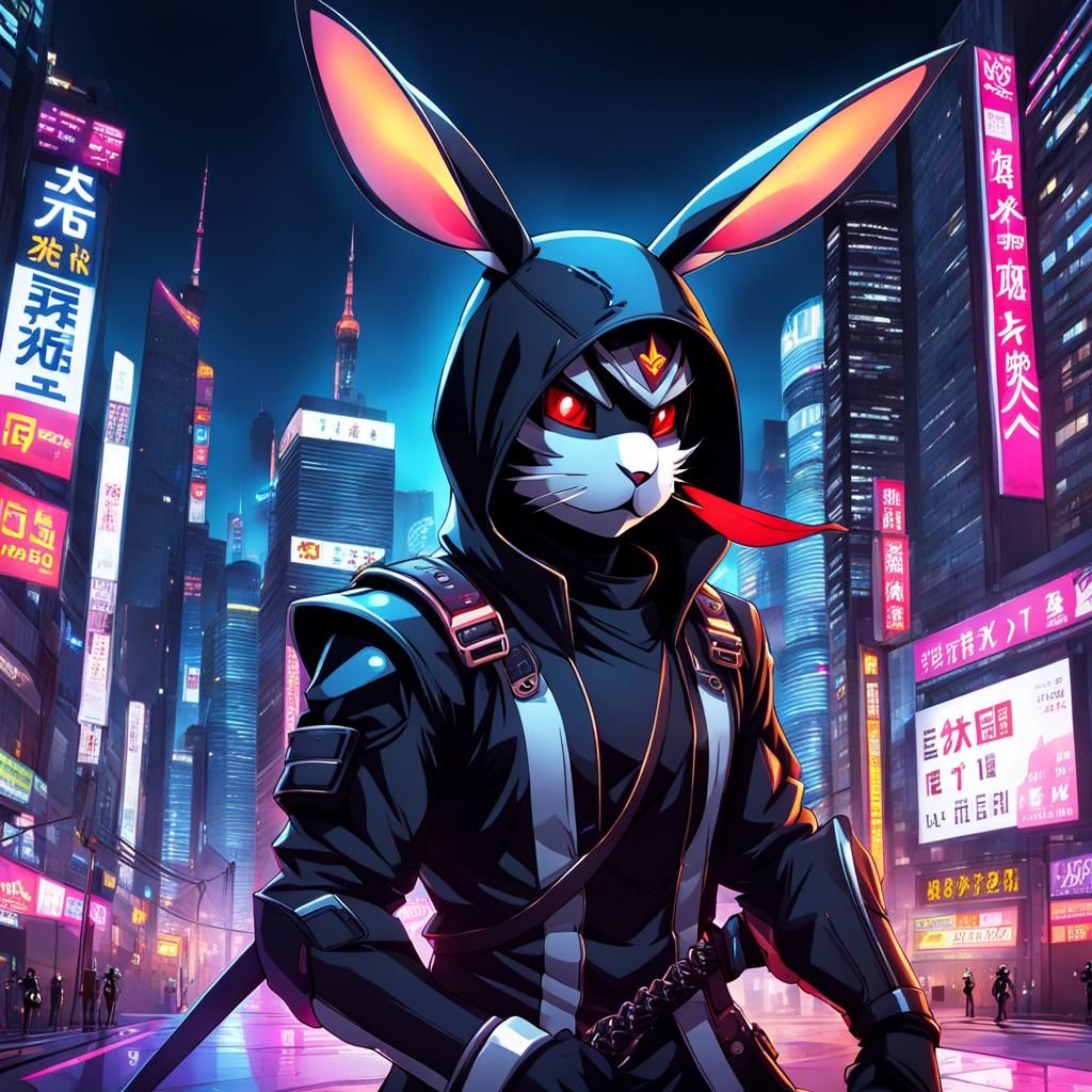 Cyberpunk Anime Rabbit Ninja at Night