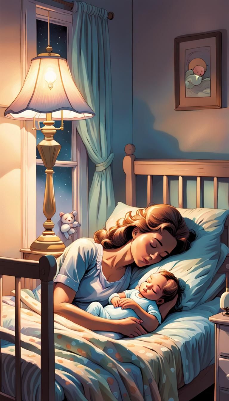 Cozy Bedtime: Mother and Baby Comic Illustration