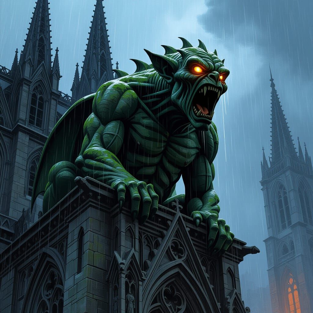 Ancient Gargoyle Screaming atop Gothic Cathedral in Dark Fan...