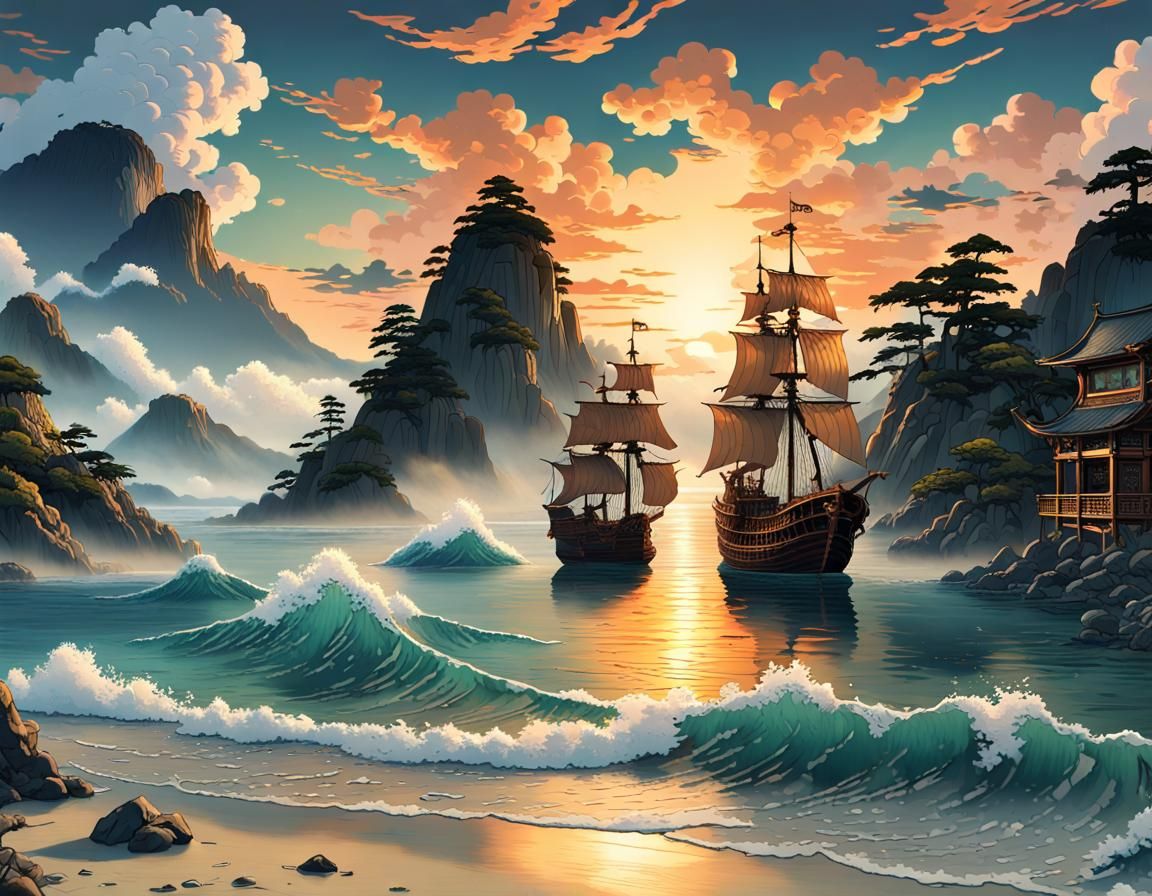 Pirate Ship Docked at Sunset in Ukiyo-e Style