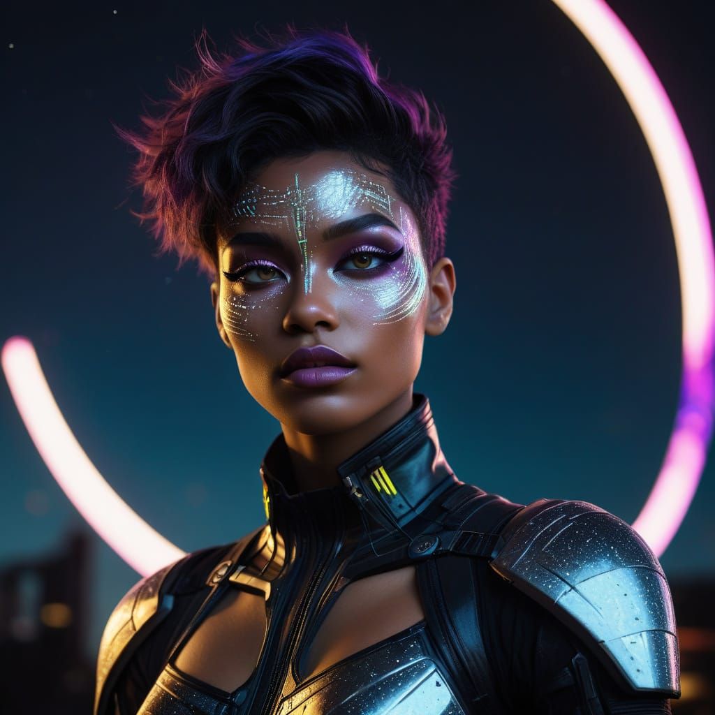 Cyberpunk Goddess in Neon Noir Elegance