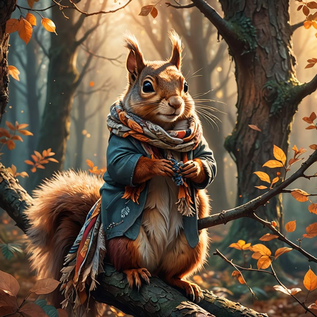 Squirrel in Scarf in Mystical Forest