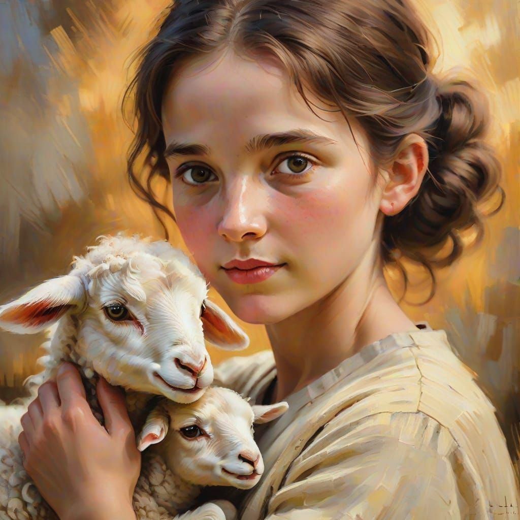 Girl Holding Lamb in Impressionist Oil Painting