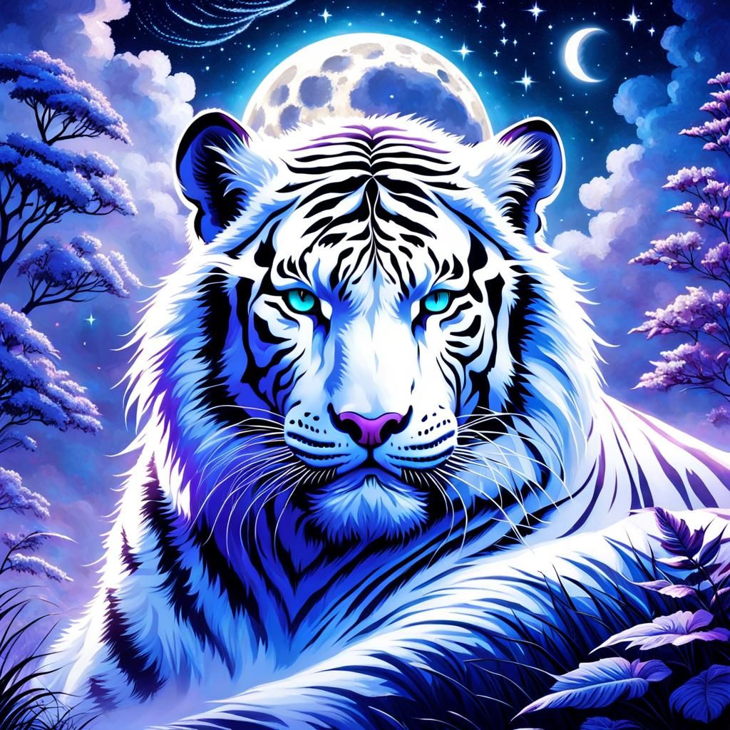 Steampunk White Tiger under Starry Night Sky